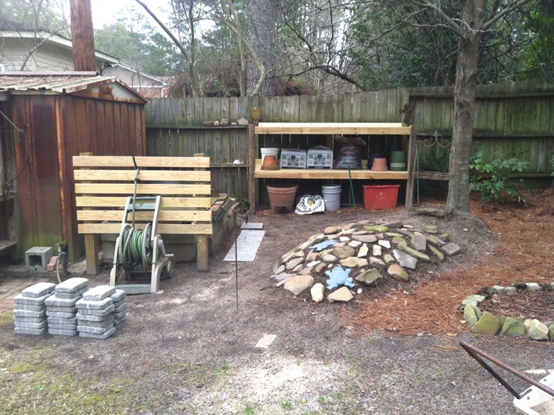 Newly Built Shelf and Barrier Prior to Staining and Installing Walkway for Watering Area and Compost Bin 